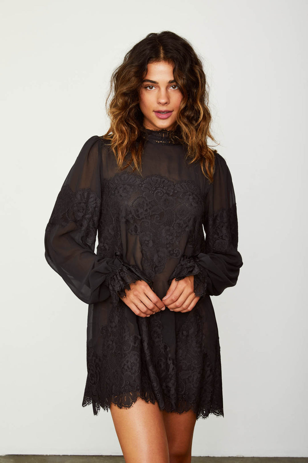 black lace and chiffon victorian high neck long sleeve mini dress bell sleeves machine washable