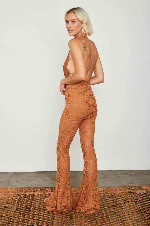 brown lace flare vintage inspired pant adjustable jumpsuit | Model is wearing size S