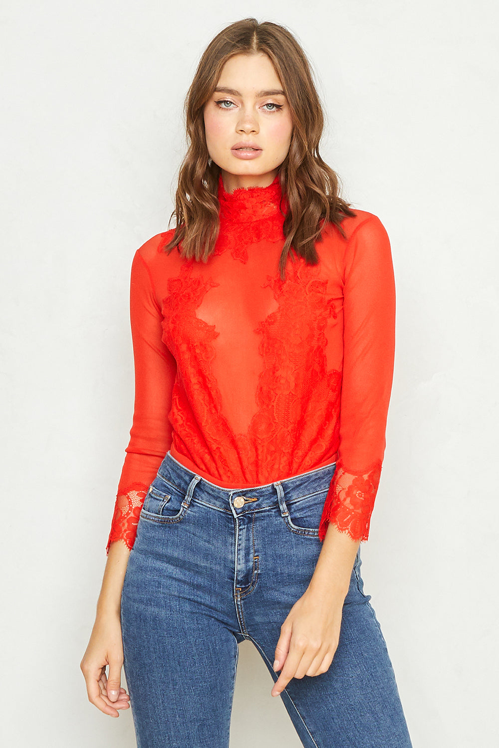 red reversible vintage inspired mesh and lace high neck bodysuit