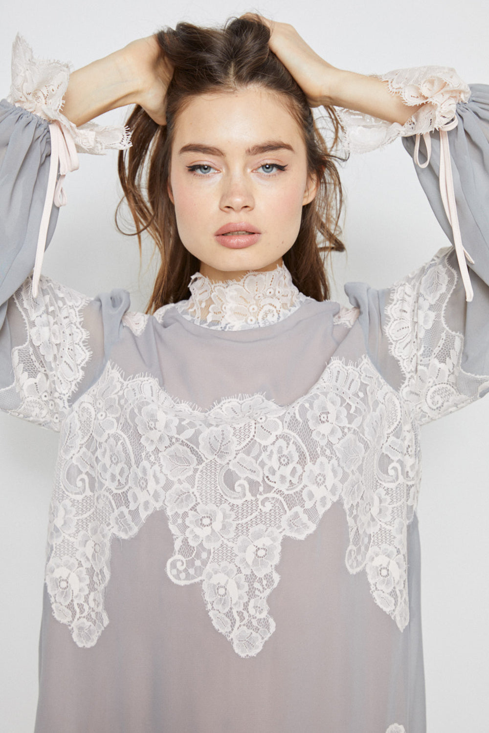 silver gray lace and chiffon victorian high neck long sleeve mini dress bell sleeves machine washable